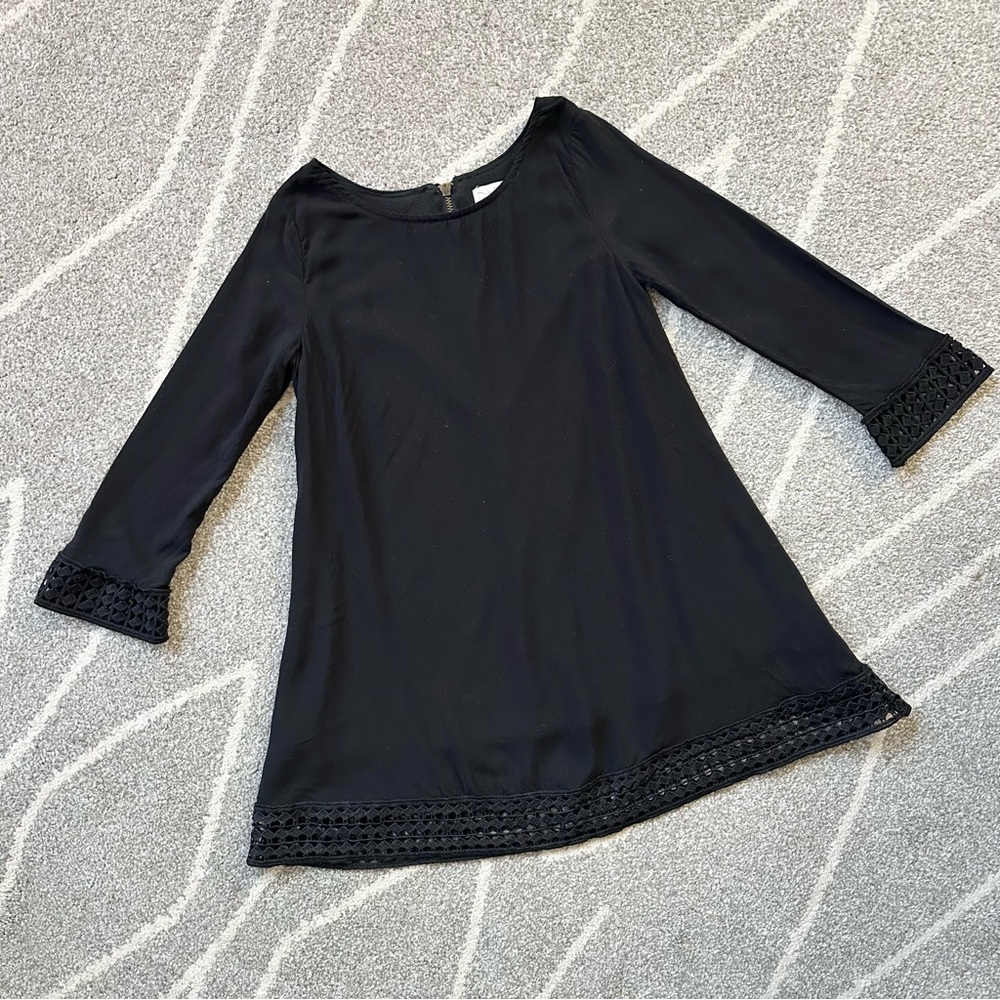 Ella Moss Black Long Sleeve Cotton Shift Dress with Lace Detail Girls 6X